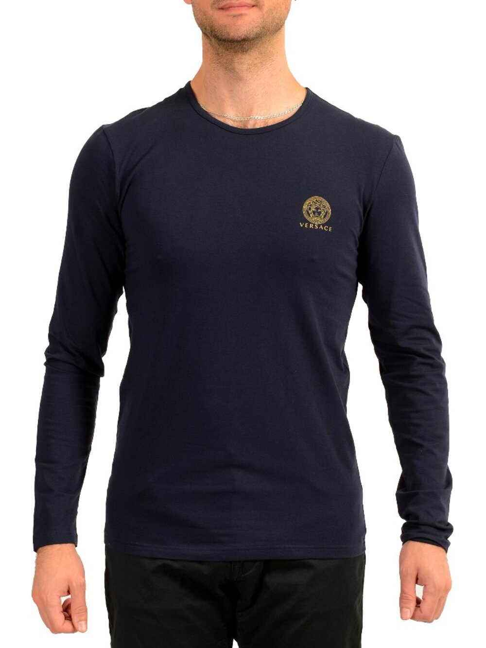 Versace Men's Blue Gold Logo Print Crewneck T-Shirt Versace sz 4 US S IT 48